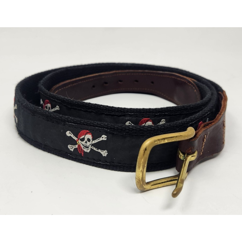 Preston Leather Size 44 Jolly Roger Skull & Crossbones Belt Brass Buckle